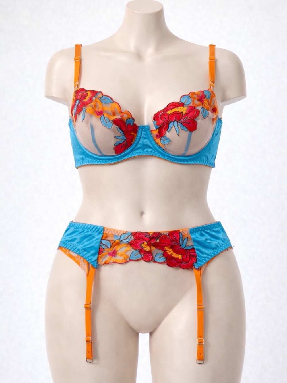 Vibrant Blue & Orange Floral Embroidered Bra and Garter Set